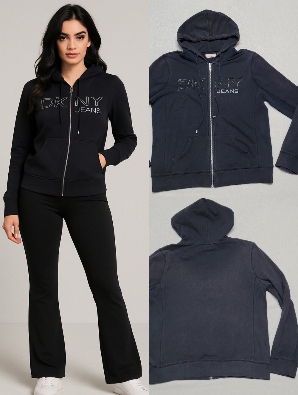 DKNY Vintage Y2K Distressed Black Bling Spell Out Full-zip Long Sleeve Hoodie XL